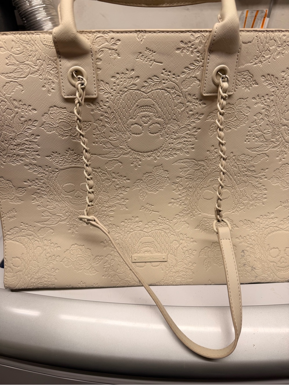 Betsey Johnson Cream Embossed Chain-Handle Tote